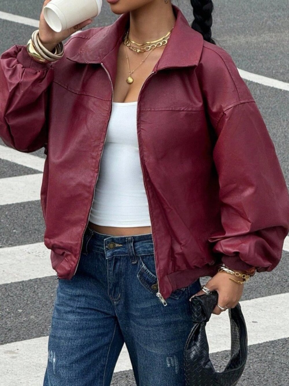 Burgundy Casual Women's Drop Shoulder Long Sleeve Zip Up Jacket